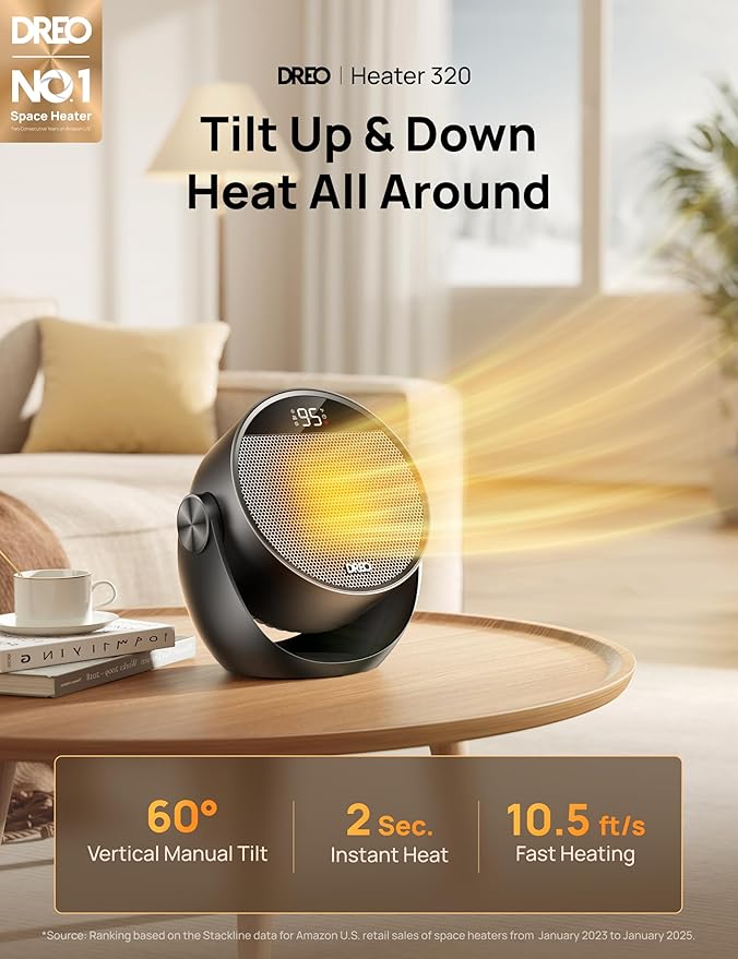 Dreo Space Heater 1500W, 60° Adjustable Tilt, 10.5ft/s Portable Electric Heaters for Indoor Use with Thermostat, 8 Safety Protections, 3 Modes, Remote, Quiet Desk Heater for Bedroom, Office, Black